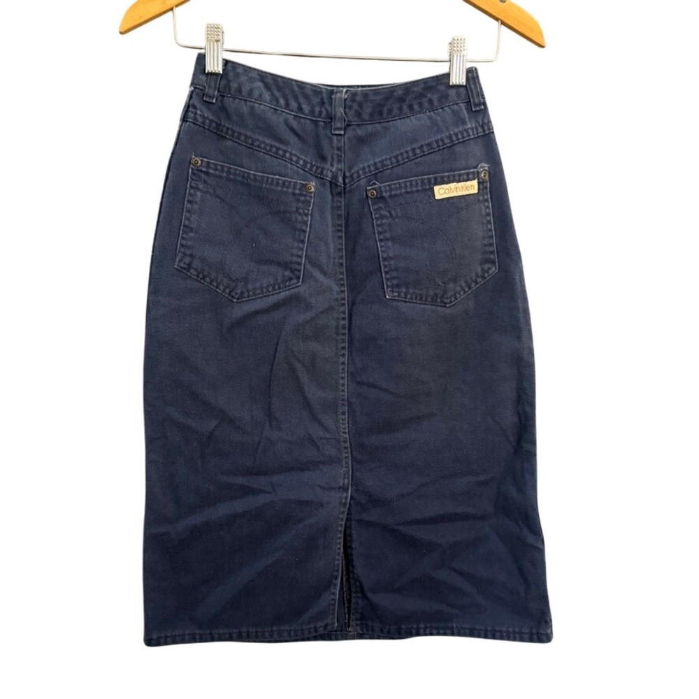 Vintage Calvin Klein Navy Denim Midi Skirt High Waist Button Fly Size 6 BD123 - Picture 2 of 8